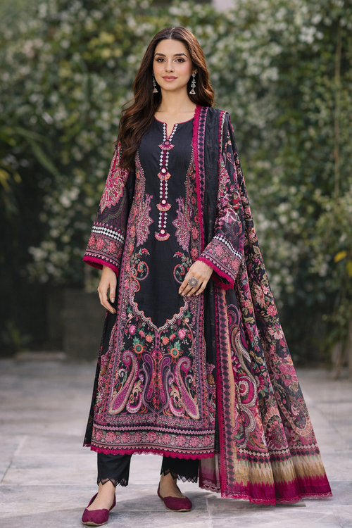 Embroidered Black & Magenta Lawn 3-Piece Suit with Printed Voile Dupatta