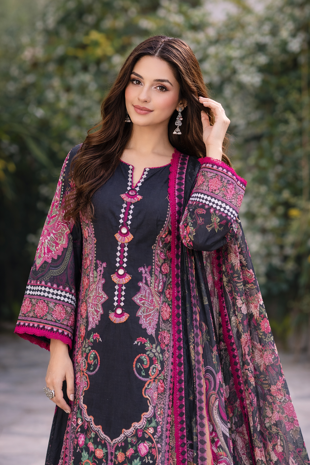 Embroidered Black & Magenta Lawn 3-Piece Suit with Printed Voile Dupatta